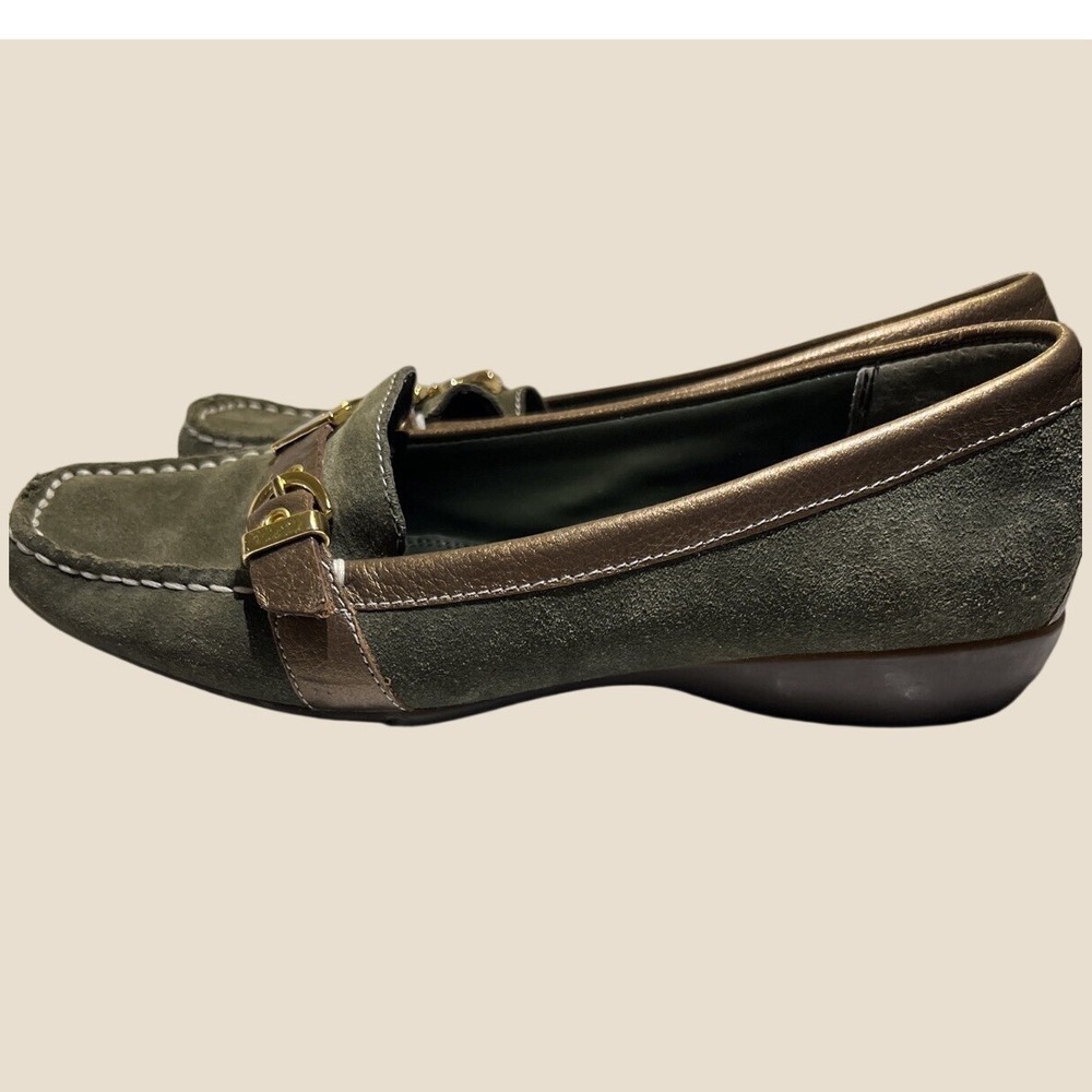 Nickels Soft Loafers Womens Olive Green Suede Bronze Leather Buckle Shoes 8.5 M